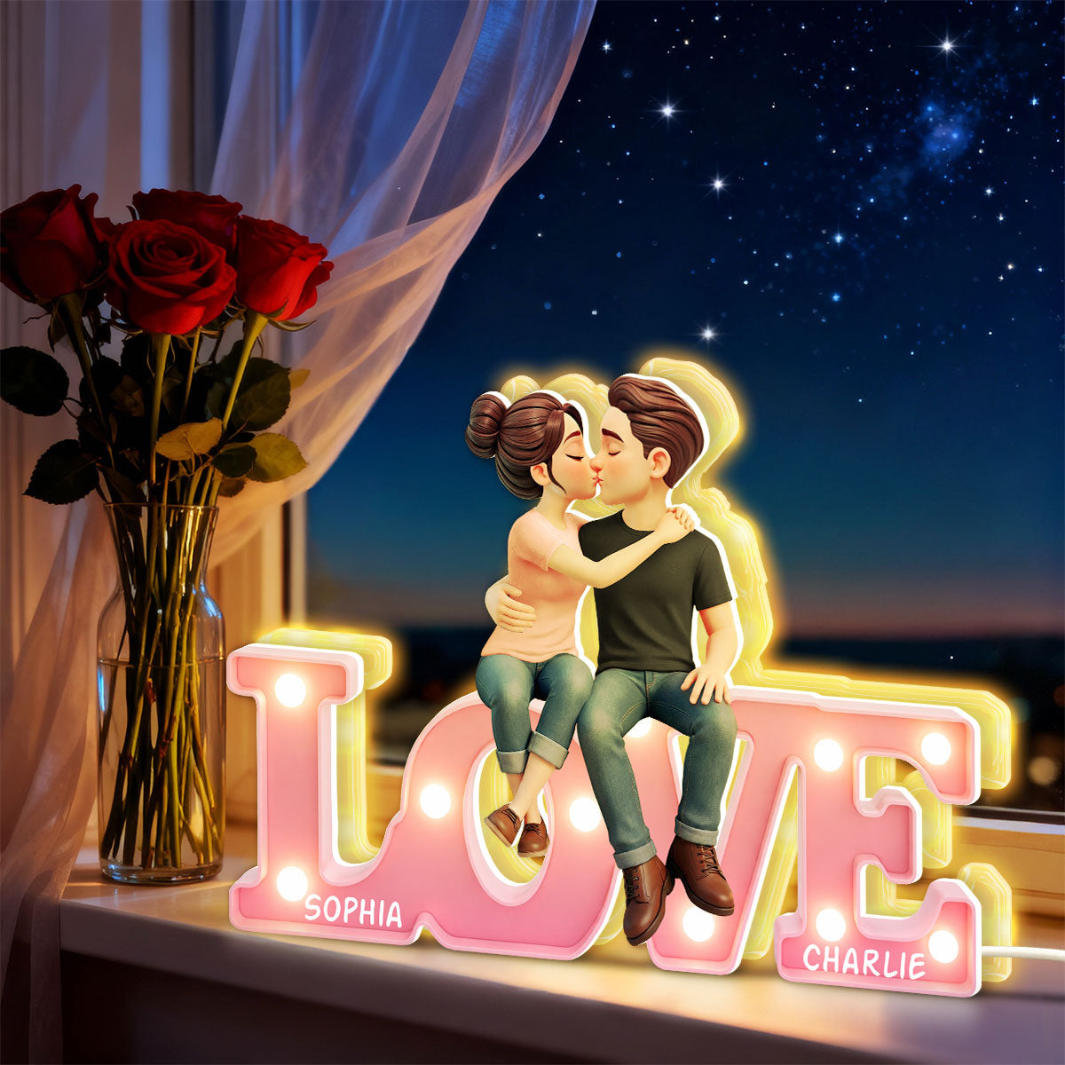 Everlasting LOVE Couple Sitting Kissing - Personalized Light Box - Valentine's Day Gift For Couple, For Him, For Her
