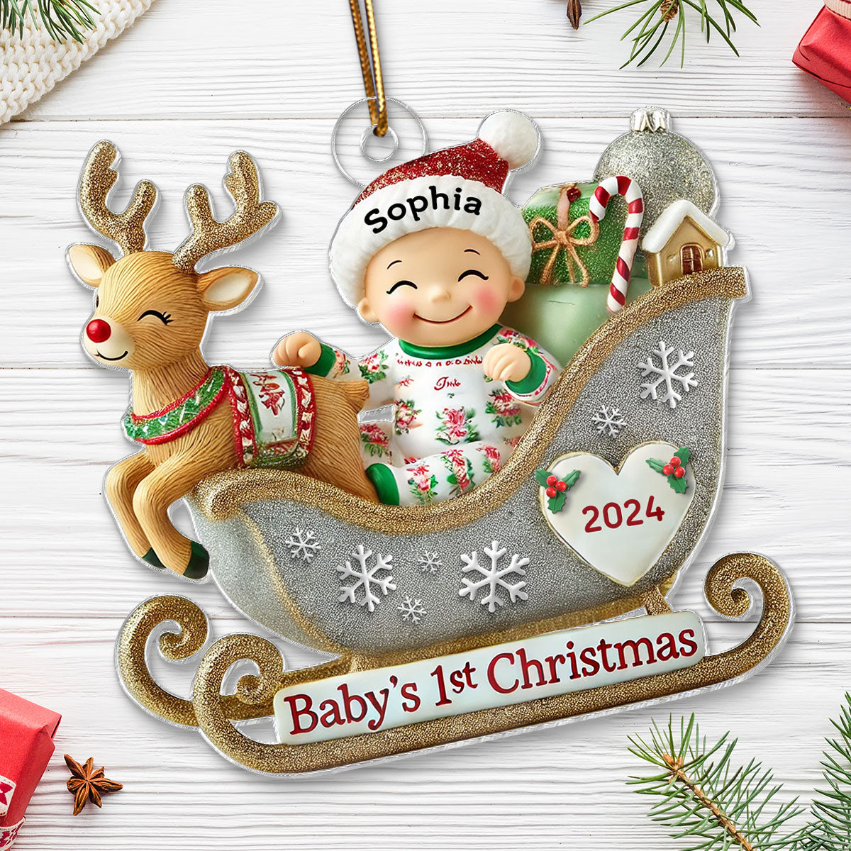 Baby First Christmas Newborn On Sleigh Keepsake - Personalized Acrylic Ornament