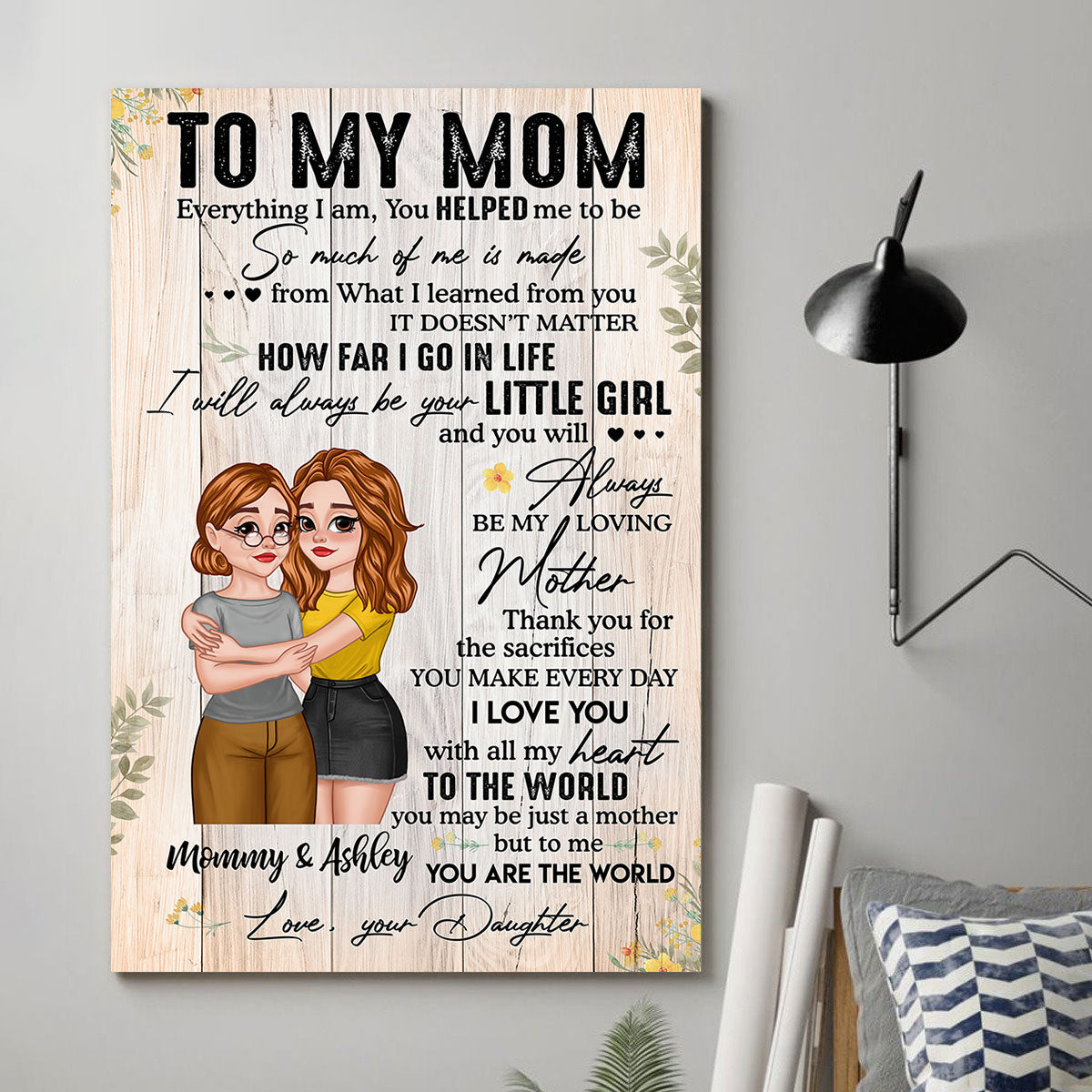 To My Mom Cartoon Hugging Mother Daughter Personalized Vertical Poster