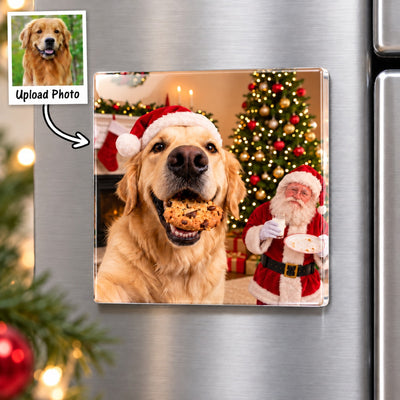 Dog Cat Steal Cookie From Santa Upload Pet Photo - Personalized Acrylic Fridge Magnet - Funny Christmas Gift For Dog Lovers, Cat Lovers, Pet Lovers