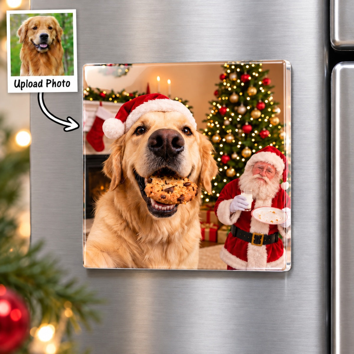 Dog Cat Steal Cookie From Santa Upload Pet Photo - Personalized Acrylic Fridge Magnet - Funny Christmas Gift For Dog Lovers, Cat Lovers, Pet Lovers