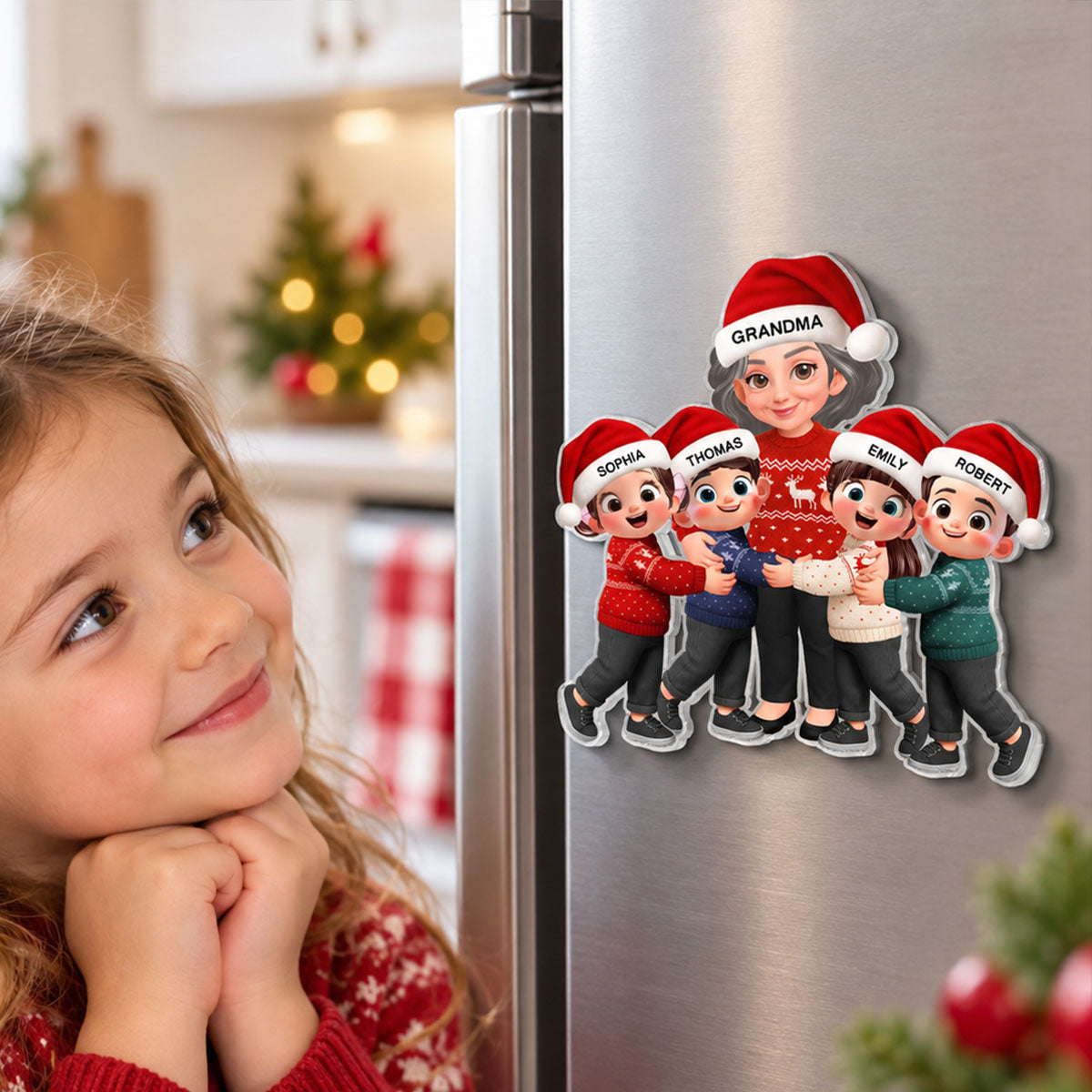 Endless Love Christmas Grandma Hugging Grandkids - Personalized Acrylic Fridge Magnet - Gift For Grandma, Grandkids