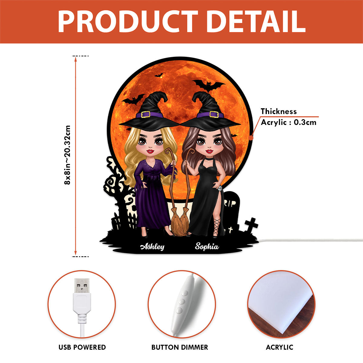 Witch Besties Under Halloween Moon Tabletop Wicca Pagan Decor Personalized Light Box, Halloween Decor