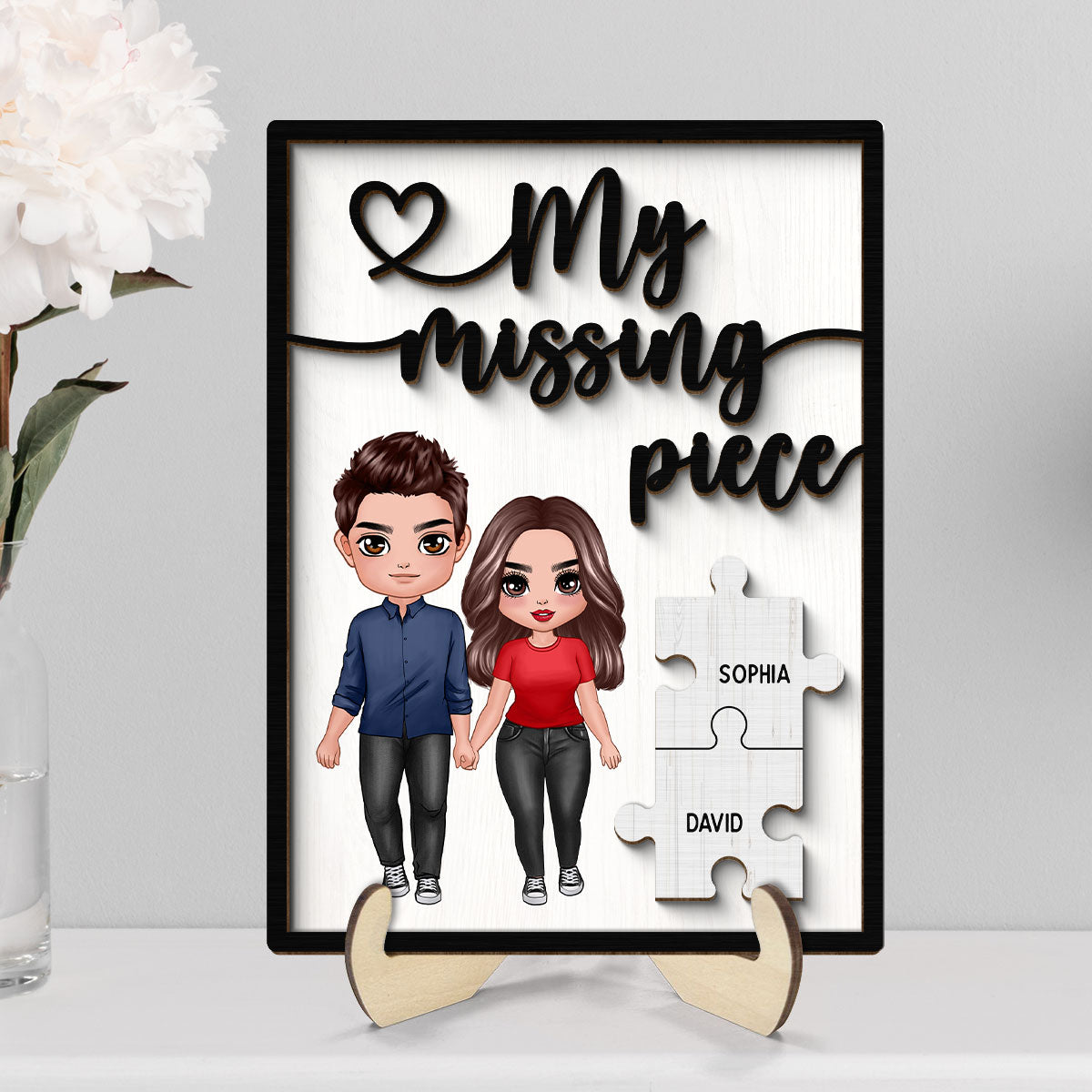 My Missing Piece Valentine‘s Day Doll Couple Standing Gift For Her Gift For Him Personalized 2-Layer Wooden Plaque
