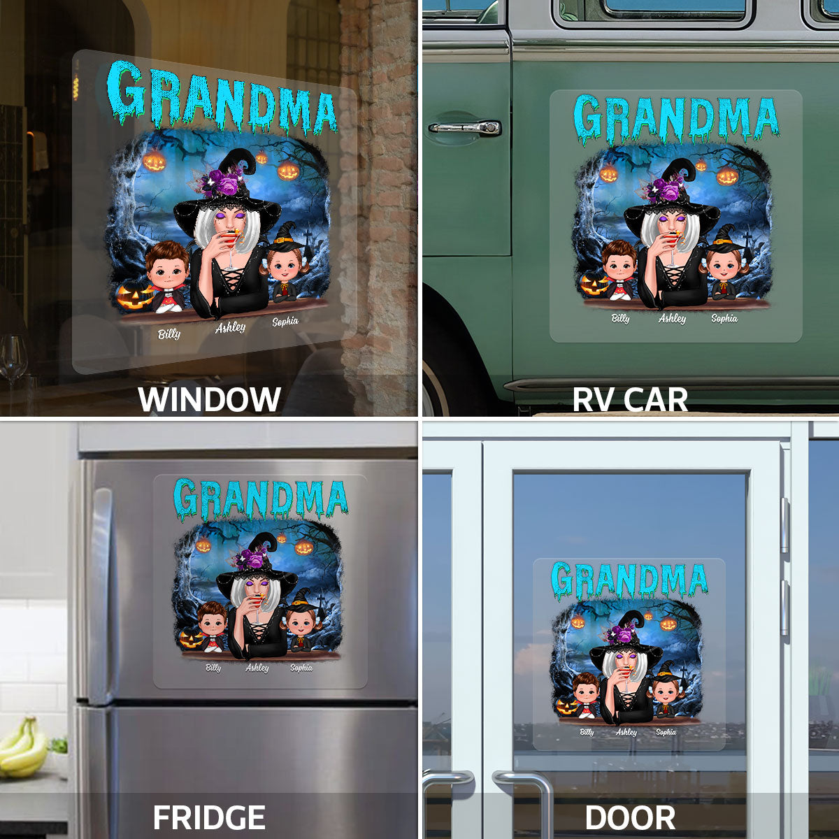 Halloween Night Grandma Witch And Grandkids Personalized Decal, Halloween Decor