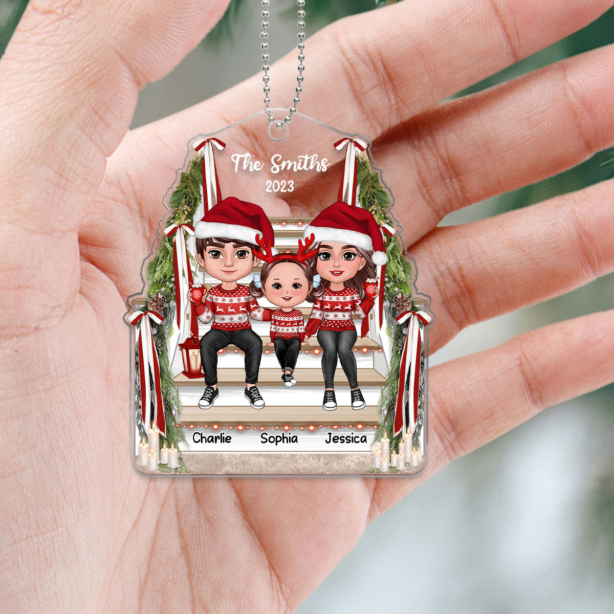 Family Sitting On Stair Christmas Gift Personalized Acrylic Ornament