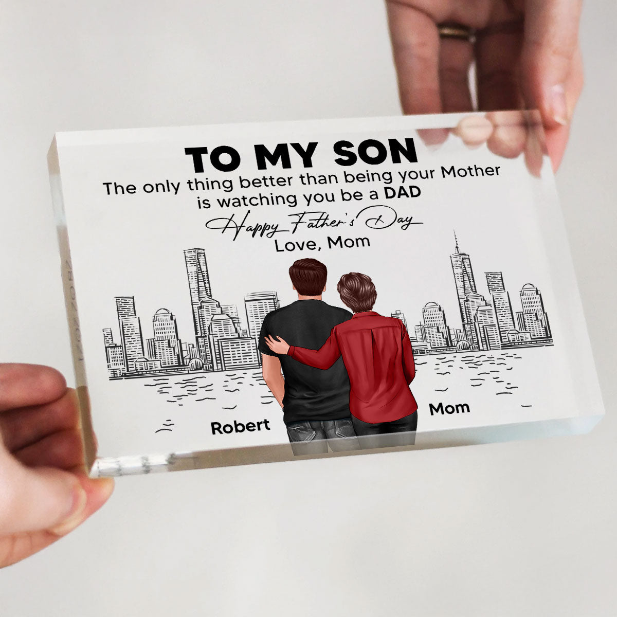 To My Son From Mom Happy Father's Day Skyline Personalized Rectangle Acrylic Block Plaque
