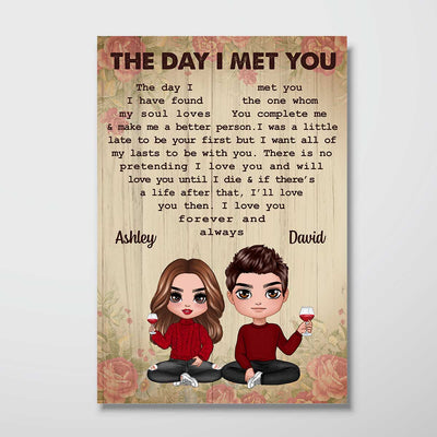 Rose Pattern Doll Couple Sitting The Day I Met You Gift For Him For Her Personalized Vertical Poster