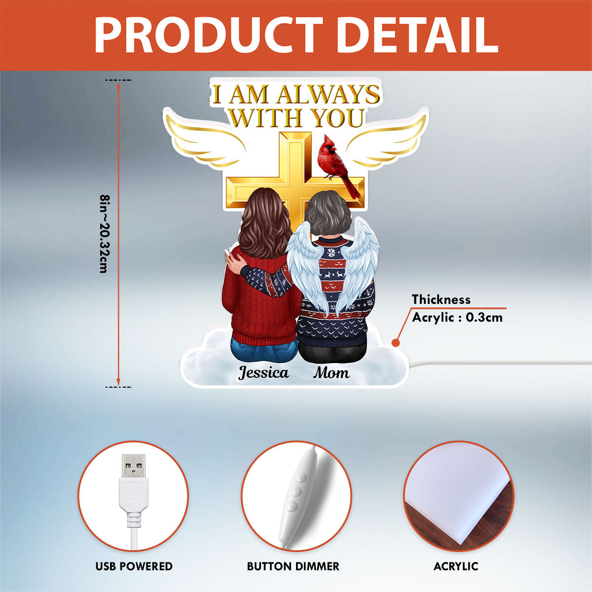Always With You Family Cross Memorial Remembrance Keepsake Personalized Light Box, Christmas Decor Gift