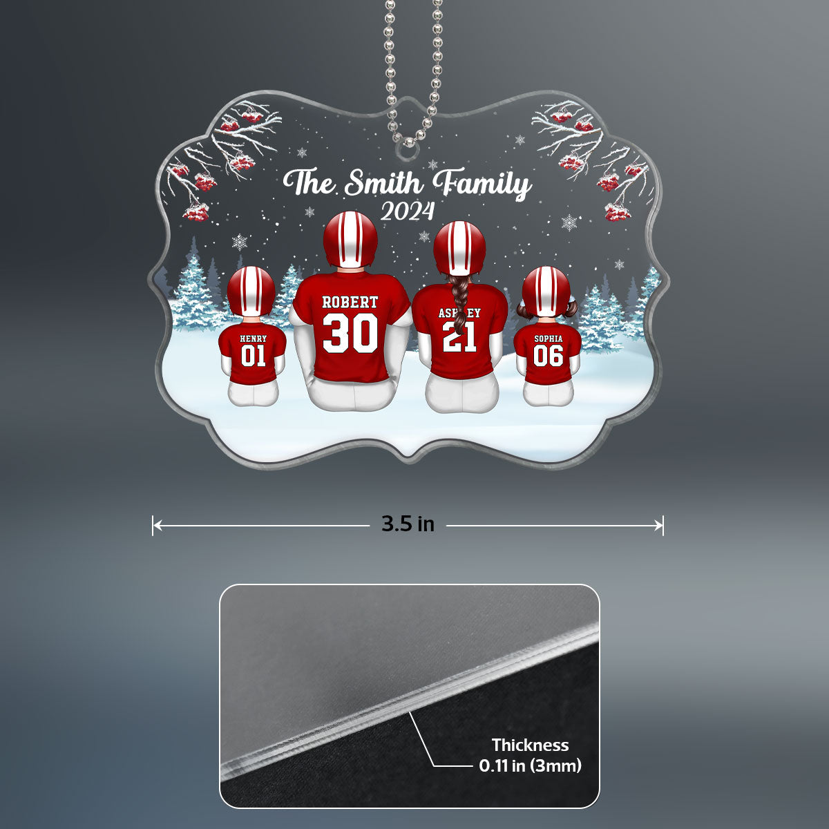 Football Family Sitting In Snow Personalized Acrylic Ornament, Christmas Gift