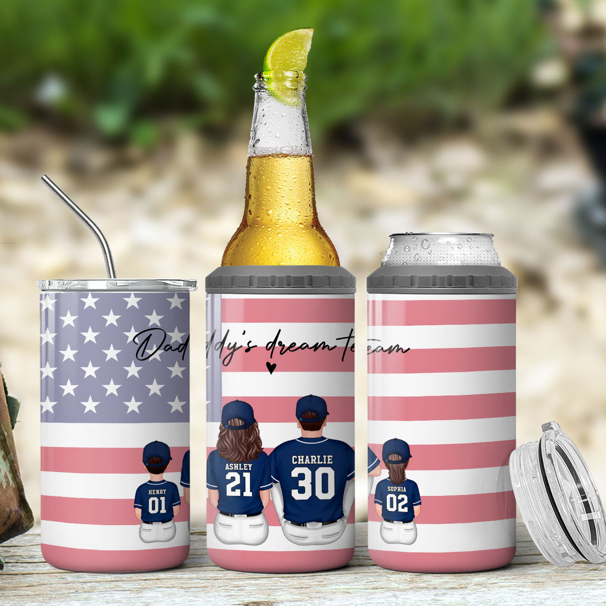 Daddy's Team Baseball Family Sitting Personalized 4 In 1 Can Cooler, Father's Day Gift For Dad, Grandpa, Husband