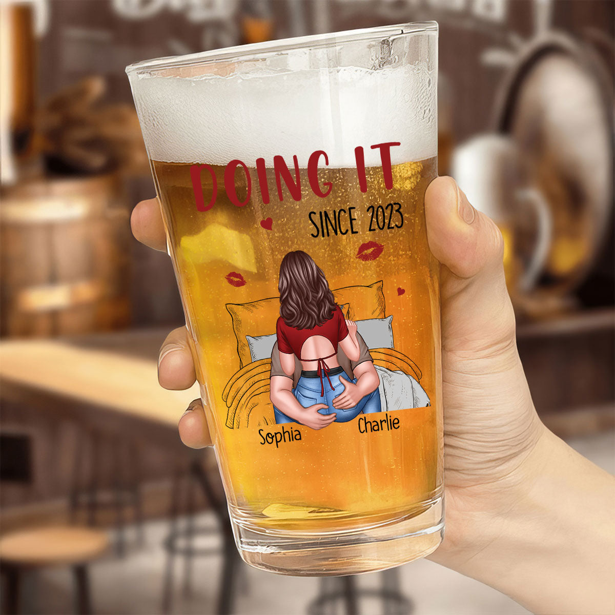 Congrats On Being My Husband Man Embracing Woman Back View Personalized Beer Glass