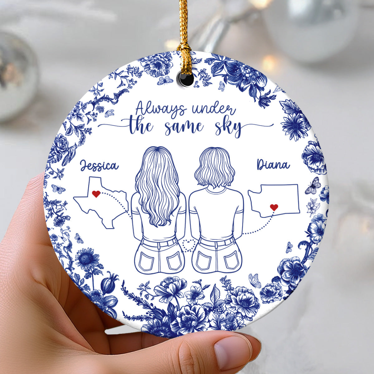 Chinoiserie Pattern Long Distance Besties State Map Personalized Ceramic Ornament