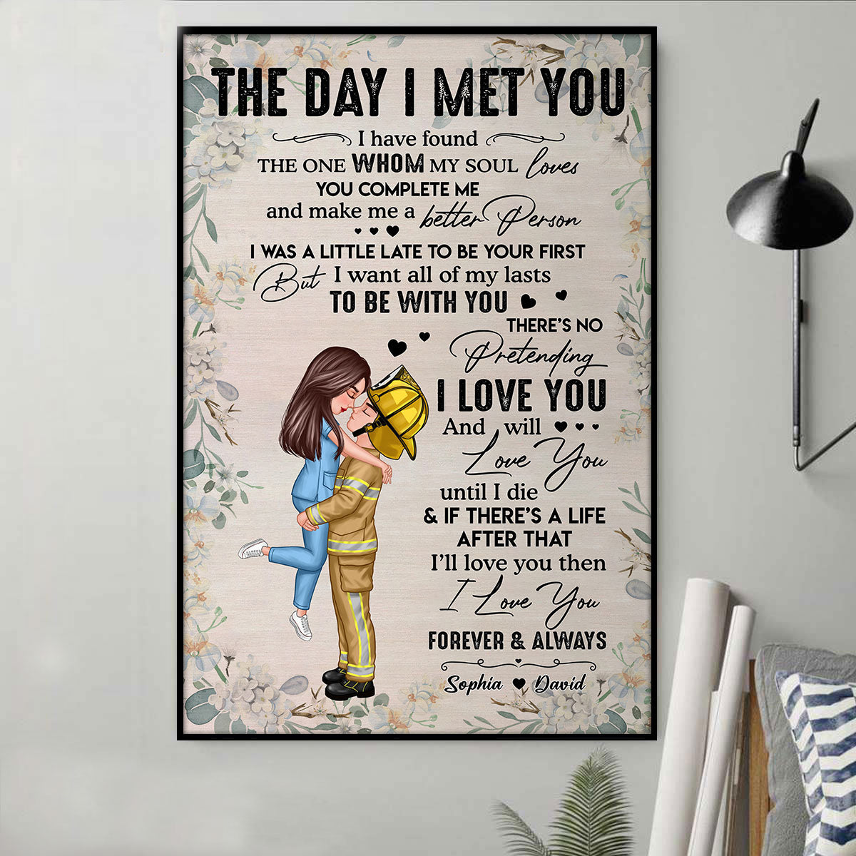 Couple Hugging Kissing Valentine‘s Day Gifts by Occupation Gift For Her Gift For Him Firefighter, Nurse, Police Officer Personalized Vertical Poster
