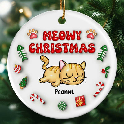 3D Inflated Meowy Christmas Sleeping Cats Personalized Ceramic Ornament, Christmas Gift For Cat Lovers