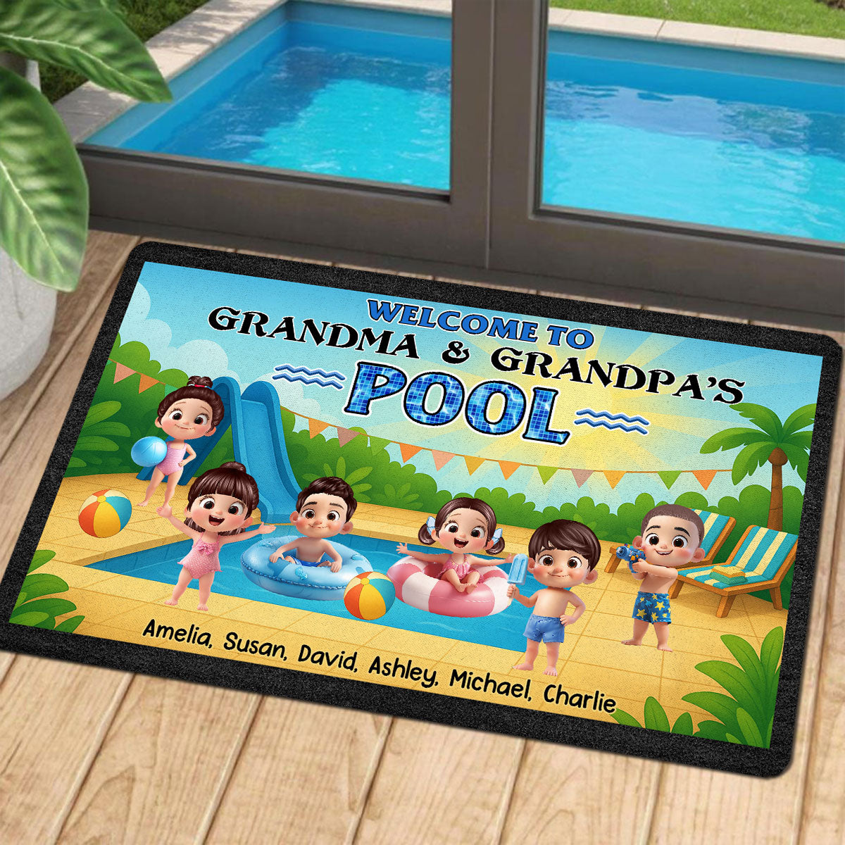 Welcome to Grandma & Grandpa's Pool Personalized Non-Slip Doormat, Entryway Front Porch Farmhouse Summer Grandkids Welcome Mat