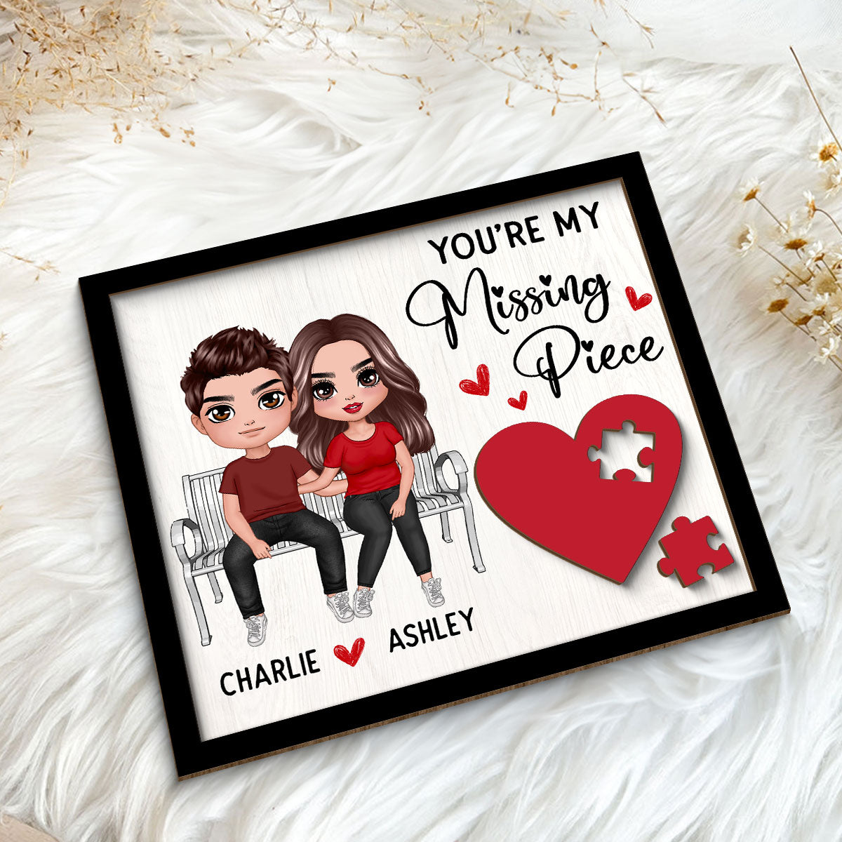 Couple Sitting On Bench Red Heart Valentine‘s Day Gift For Her Gift For Him Personalized 2-Layer Wooden Plaque