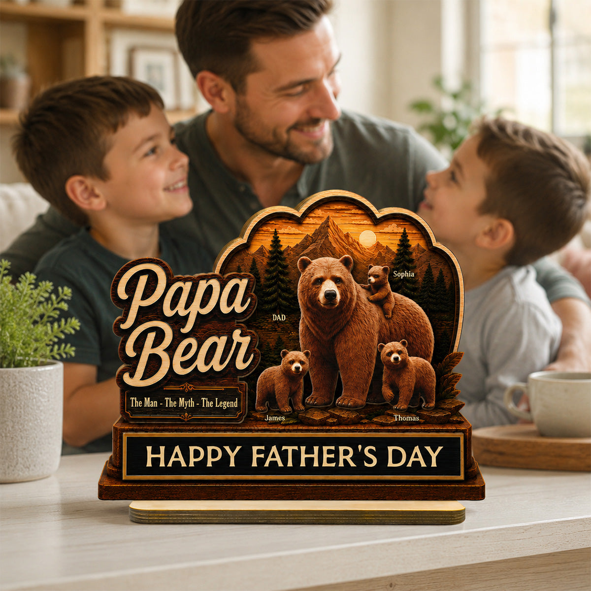 Papa Bear The Man The Myth The Legend 2D Flat - Personalized 2-Layered Wooden Plaque - Father's Day Gift For Husband, Dad