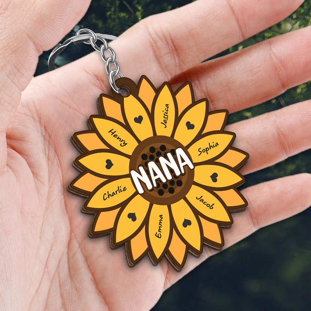 Sunflower Grandkids Children Name Gift For Mom Grandma Personalized Custom Shape Wooden Keychain