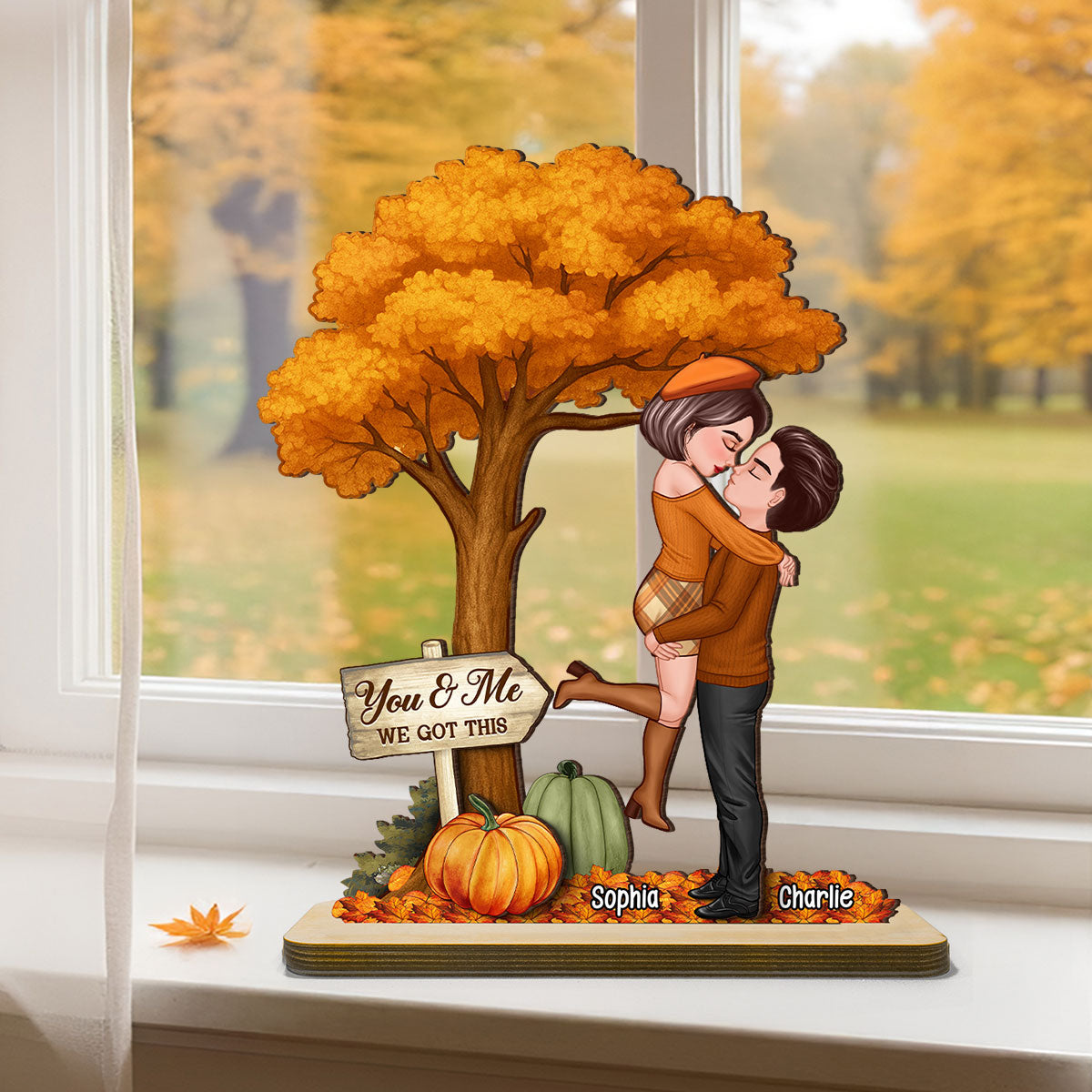 Fall Season Couple Hugging Kissing Under Tree Personalized Standing Wooden Plaque