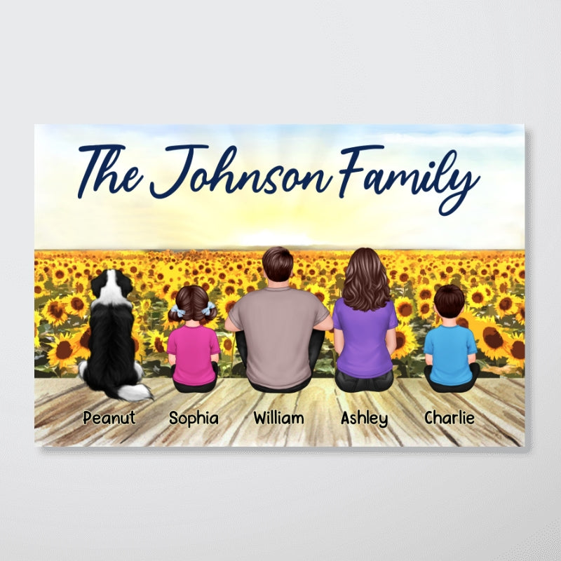 Family Sitting Back View Sunflower Field Dad Mom Kids Dog Cat Personalized Horizontal Poster