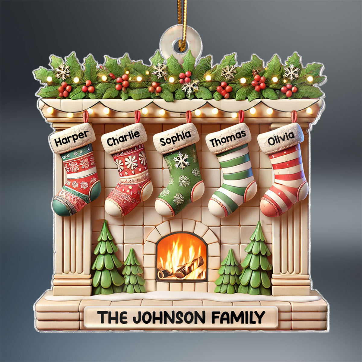 Realistic Family Christmas Stockings On Mantel 3D Effect Personalized Acrylic Ornament