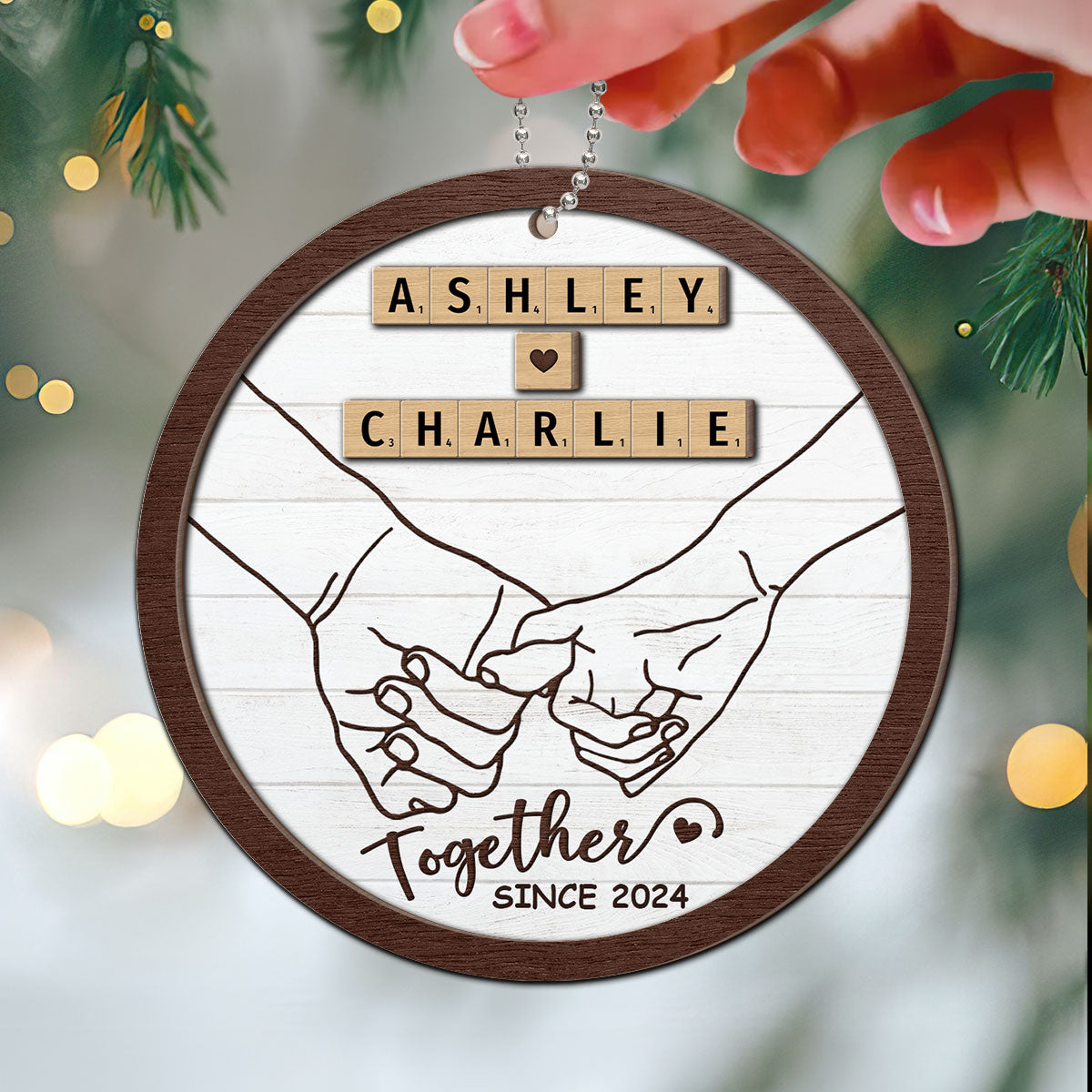 Hand In Hand Couple Wooden Blocks Christmas Personalized 2-Layer Wooden Ornament, Christmas Gift For Him, For Her