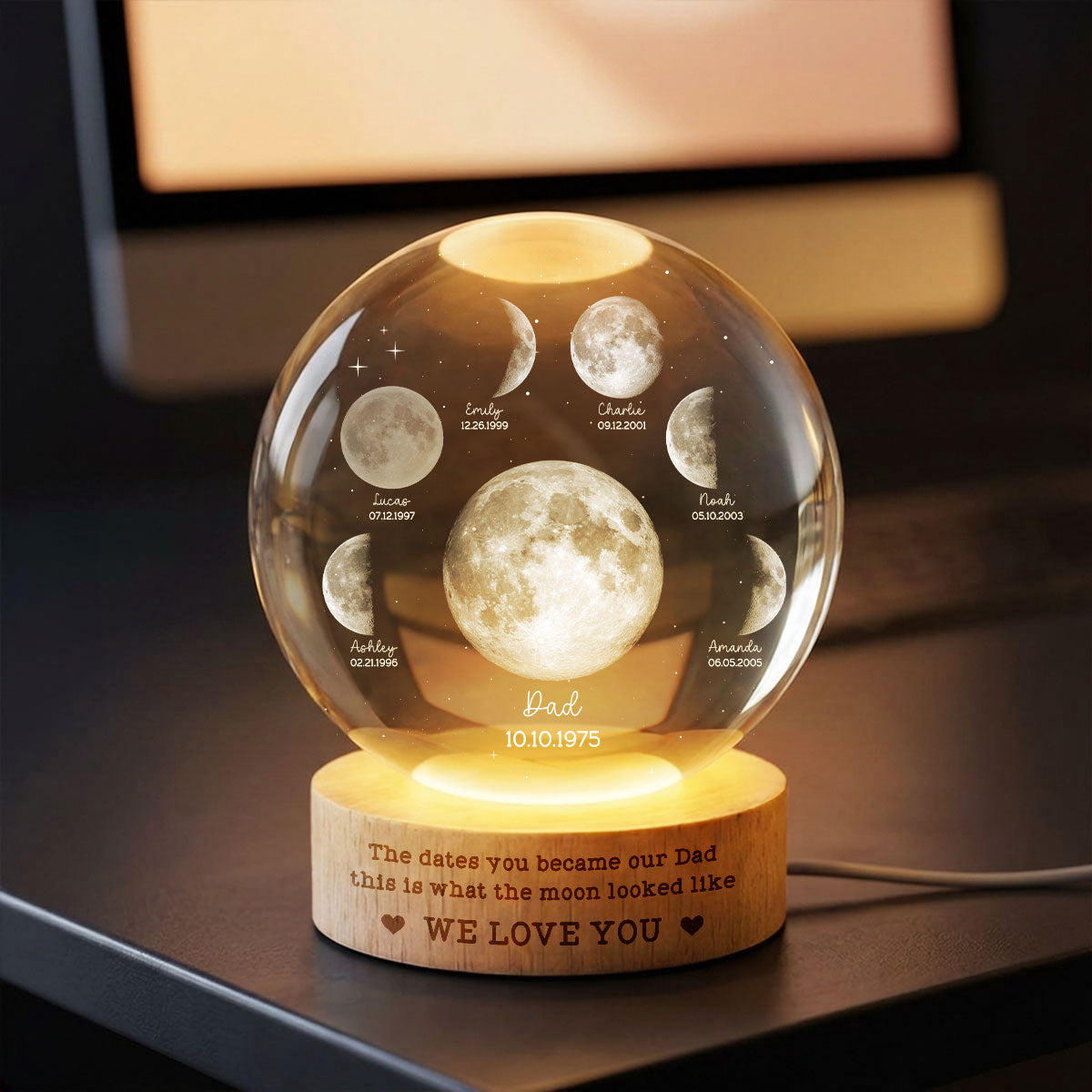 The Date You Became Our Dad - Personalized Crystal Ball LED Night Light - Custom Moon Phase by Date, Father's Day Gift for Dad, Husband