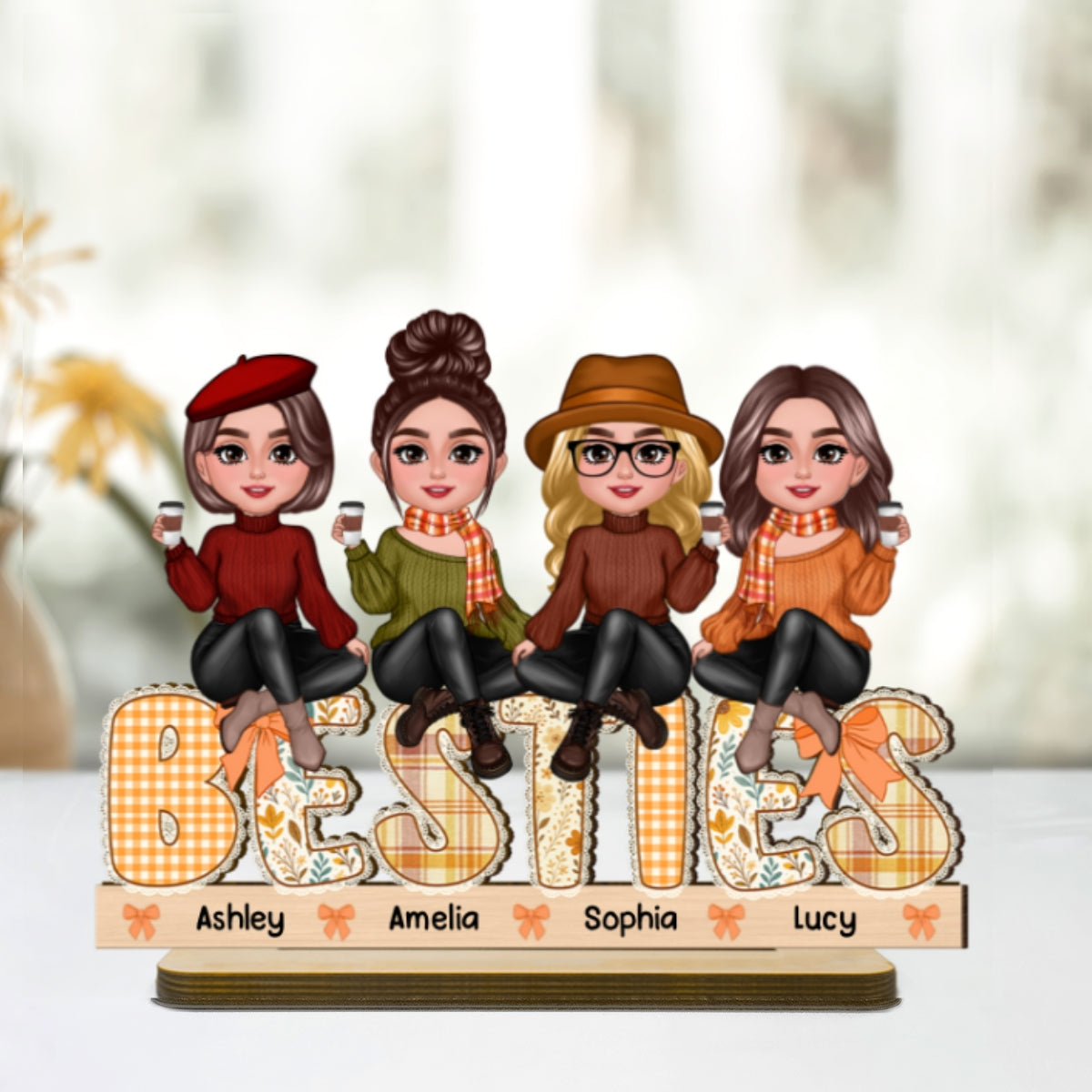 Fall Season Besties Sitting On Text Lace Patterned Personalized Standing Wooden Plaque