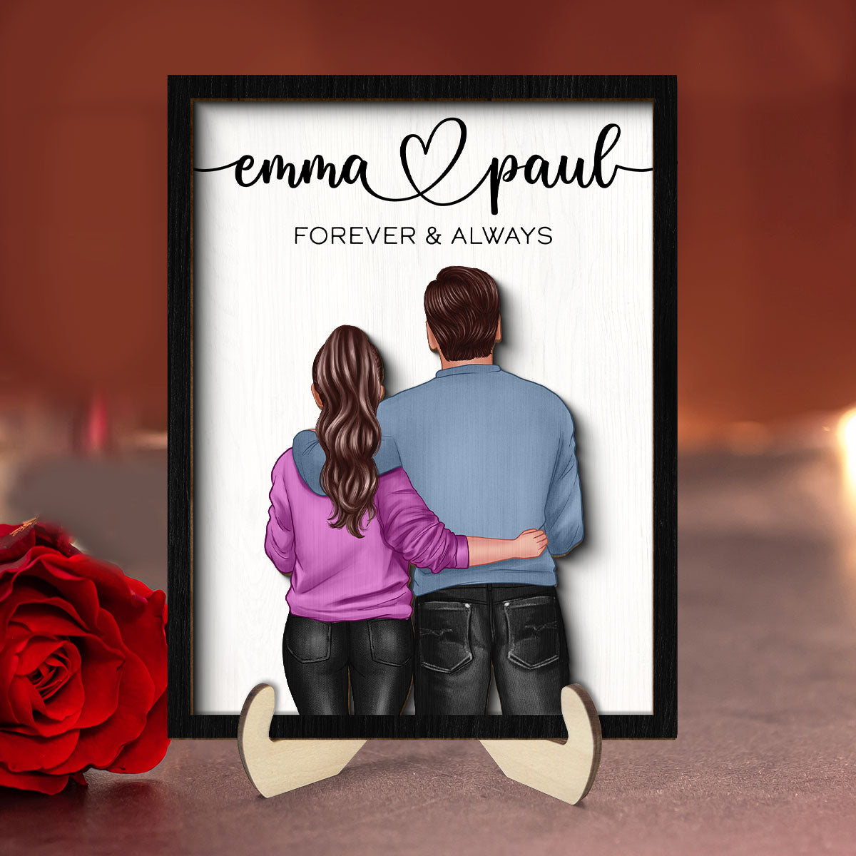 Couple Forever & Always Standing Back View Valentine‘s Day Gift For Him Gift For Her Personalized 2-Layer Wooden Plaque