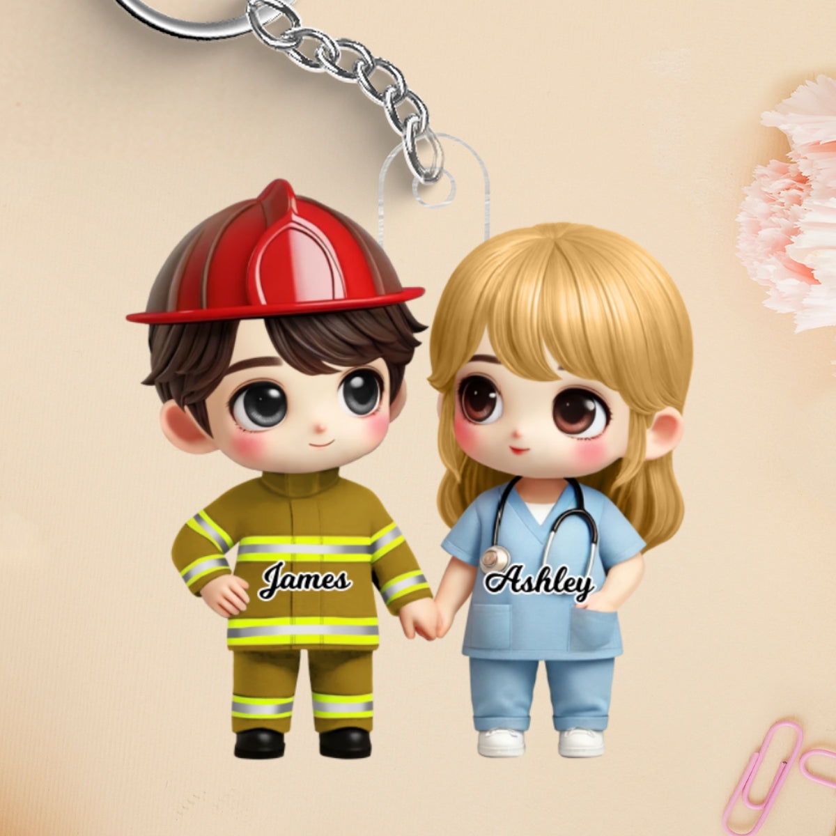 3D Effect Cute Cartoon Couple Gift by Occupation Gift For Her Gift For Him Personalized Acrylic Keychain, Anniversary Gift For Couple
