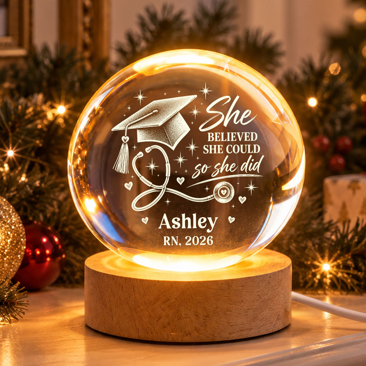 Nurse She Believed She Could So She Did - Personalized Crystal Ball LED Night Light - Christmas Gift, Graduation Gift, New Nurse Gift