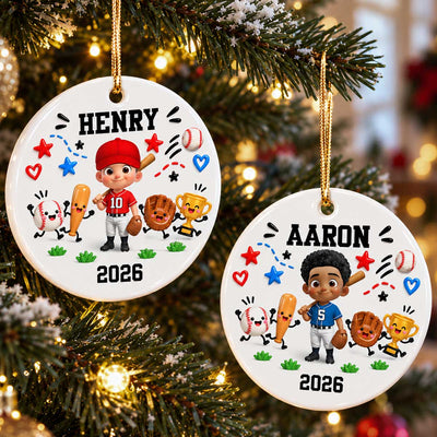 Cute Things Baseball Player 2D Flat Printed- Personalized Ceramic Ornament - Christmas Gift For Son, Grandson, Daughter, Granddaughter