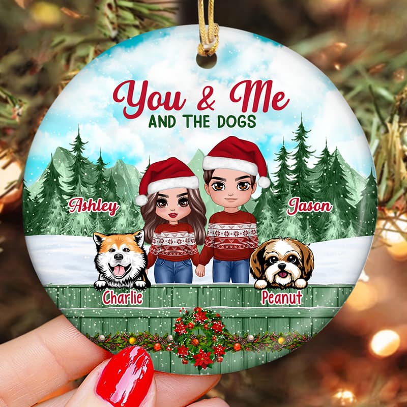 Couple And Dogs On Fence Christmas Personalized Circle Ornament