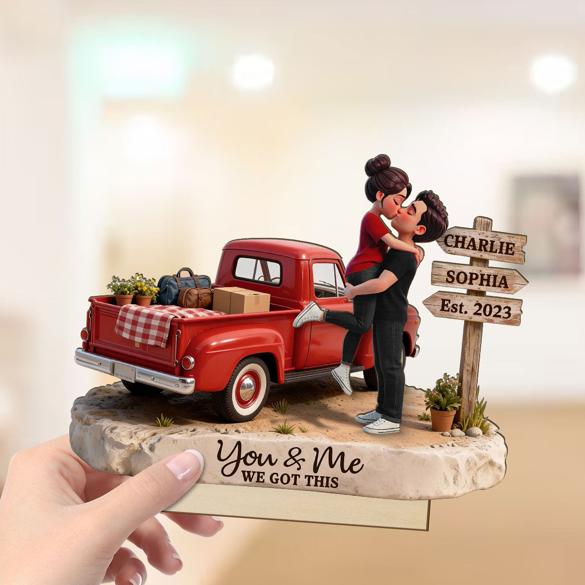 Romantic Couple Pickup Truck Sign Post - Personalized 2-Layered Wooden Plaque - Heartfelt Valentine's Day Gift For Couple, Farmhouse Decor