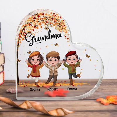 Happy Doll Kids Under Fall Tree Personalized Heart Acrylic Plaque
