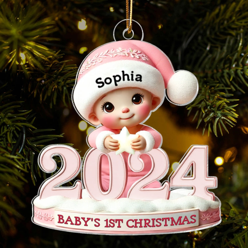 Baby Sitting With 2024 Baby's First Christmas 3D Effect Personalized Acrylic Flat Ornament