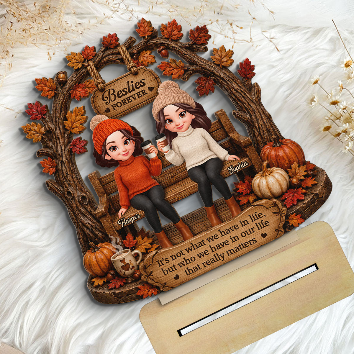 Fall Season Besties Under Tree Arch 2D Flat - Personalized Wooden Plaque - Fall Season Gift For Besties