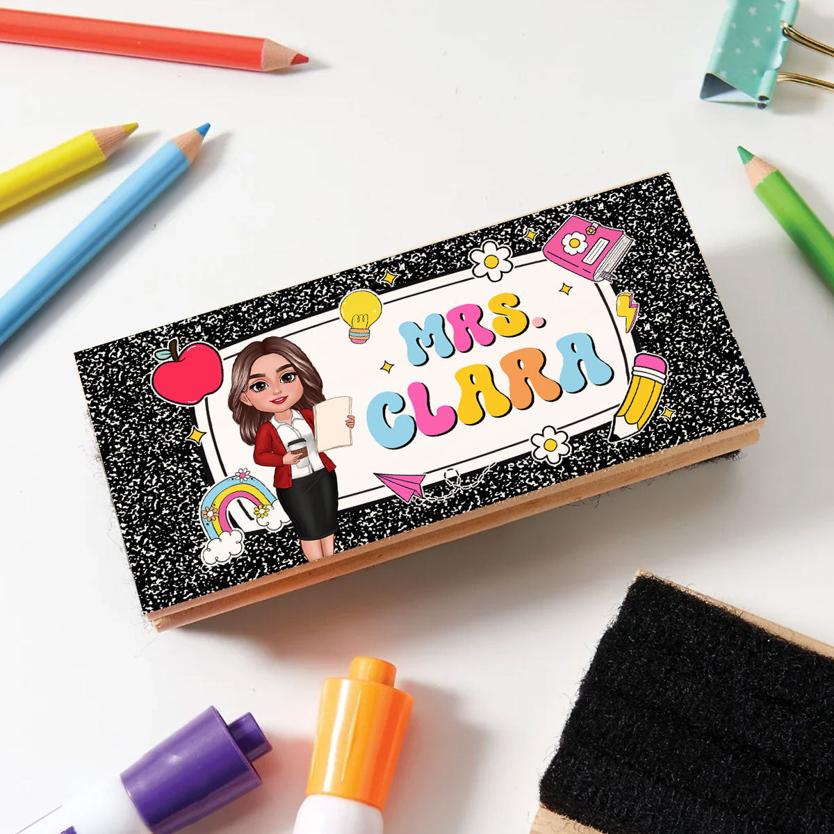 Teacher Composition Book Pattern Personalized Chalkboard/Whiteboard Eraser with Marker, Teacher Appreciation Gift, Back To School Gift