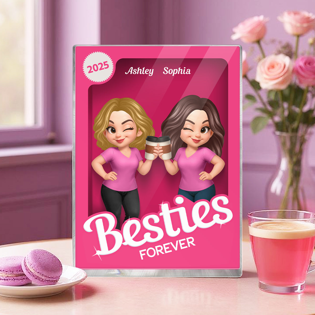 Besties Forever Pink Action Figure 3D Effect Personalized Acrylic Block, Meaningful Gift For Best Friend