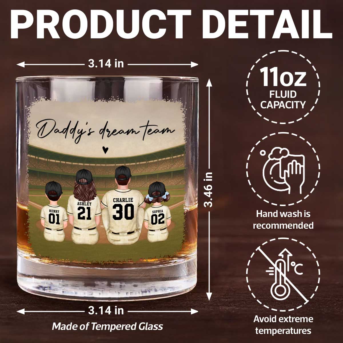 Retro Vintage Baseball Daddy's Dream Team Personalized Wine Glass, Whiskey Glass, Gift For Dad