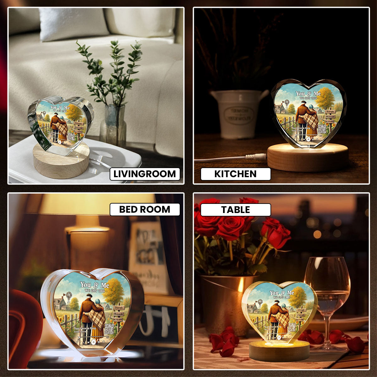 Couple Growing Old Together Favorite Song Scannable QR Code Personalized Premium Crystal Heart LED, Free Shipping Included