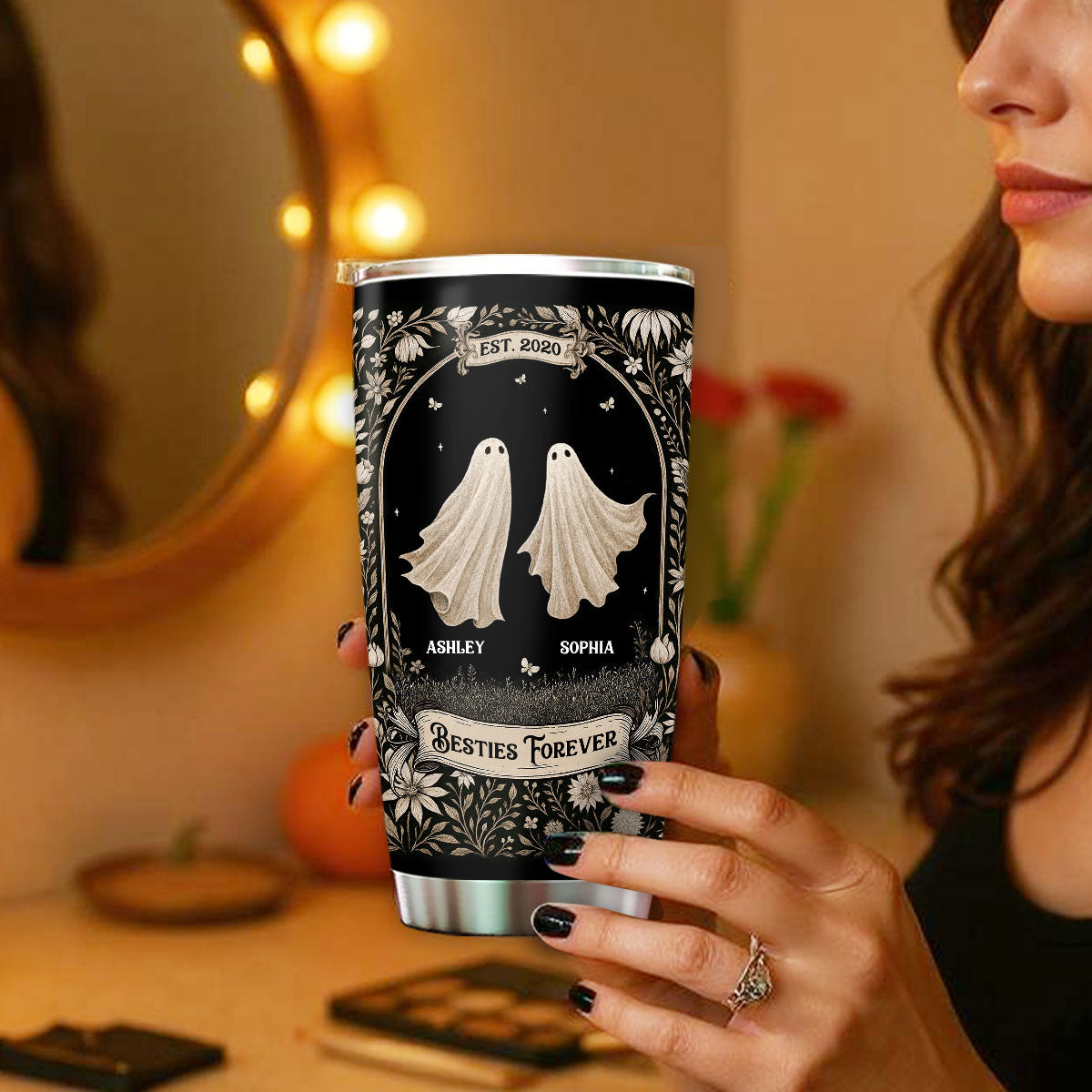 Ghost Friends Vintage Gothic Background Personalized Tumbler, Halloween gift for Besties, Sisters