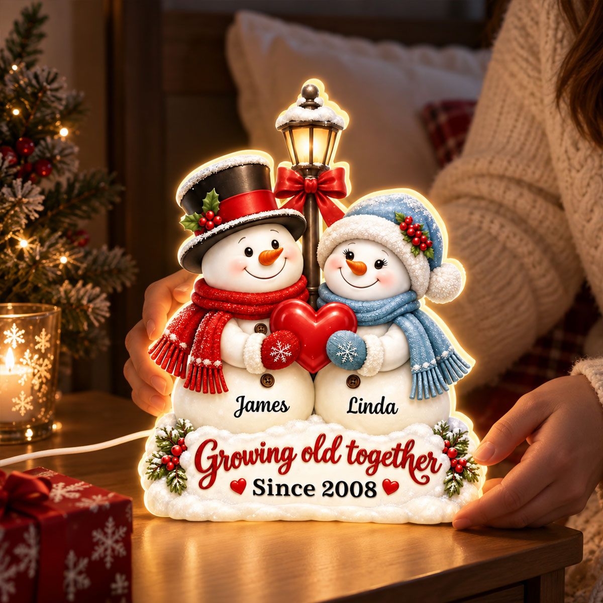 Snowman Couple Growing Old Together - Personalized Light Box - Heartfelt Christmas Gift for Her, for Him