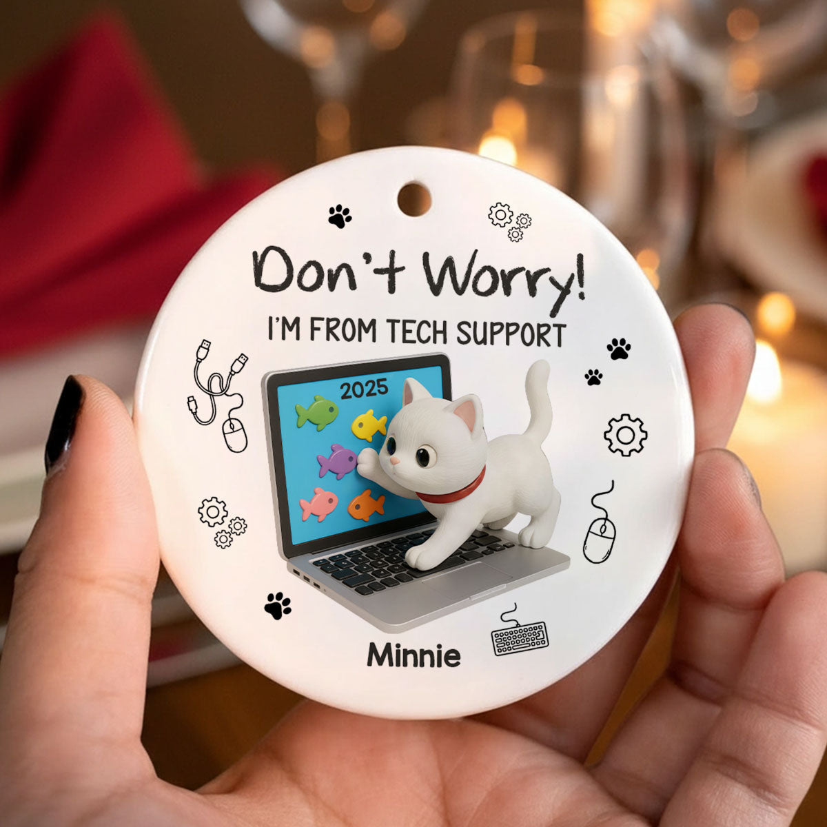 3D Effect Mischievous Kitten Tech Support - Personalized Ceramic Ornament - Gift For Cat Lovers