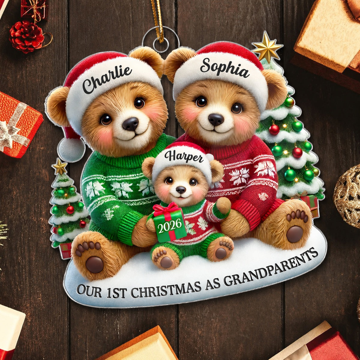 3D Effect Bears Our First Christmas As Grandparents Personalized Acrylic Ornament, Christmas Gift For New Grandparents