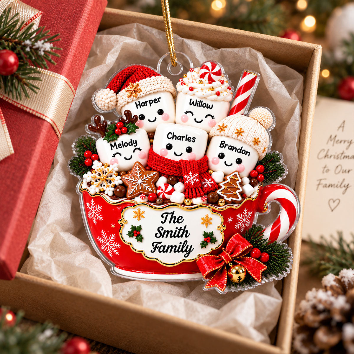 Hot Cocoa Marshmallow Family 2D Flat - Personalized Acrylic Ornament - Custom Names Family Gift