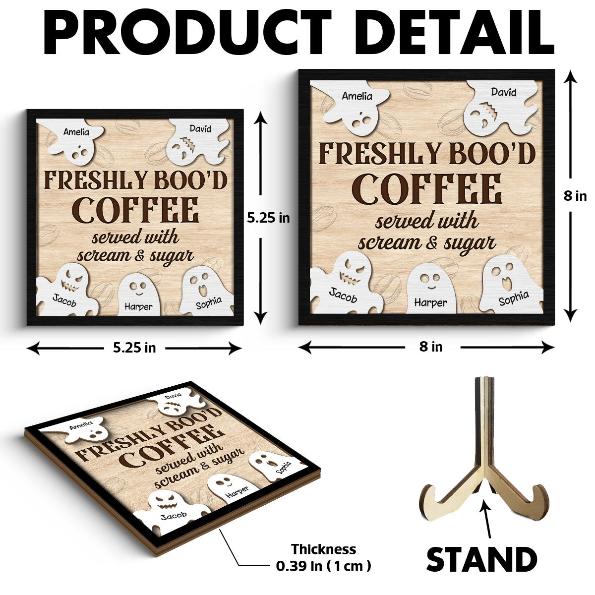 FRESHLY BOO'D COFFEE Ghost Family Personalized 2-Layer Wooden Plaque