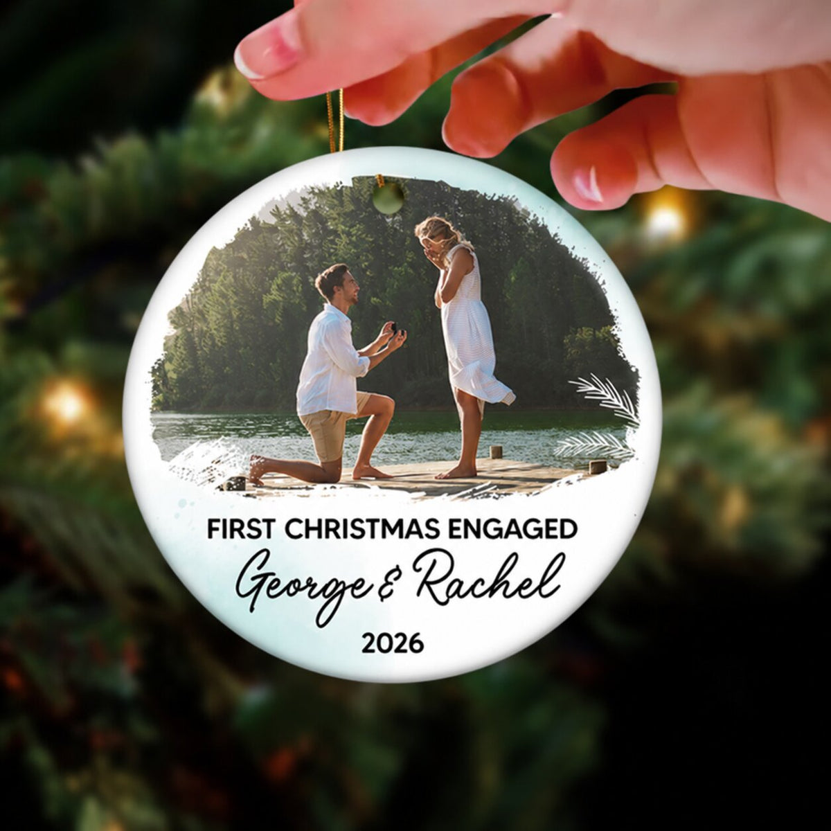 Our First Christmas Engaged Ornament, Custom Photo Ornament Calendar Christmas Gift for Couple, Engagement Gifts Personalized 2-Sided Circle Ornament