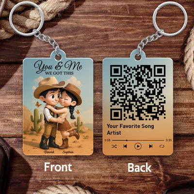 Cartoon Style Countryside Couple Cowboy Cowgirl Favorite Song QR Code Personalized Acrylic Keychain